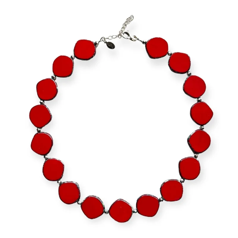 Red Beaded Necklace, Large Circle Glass Beaded Necklace