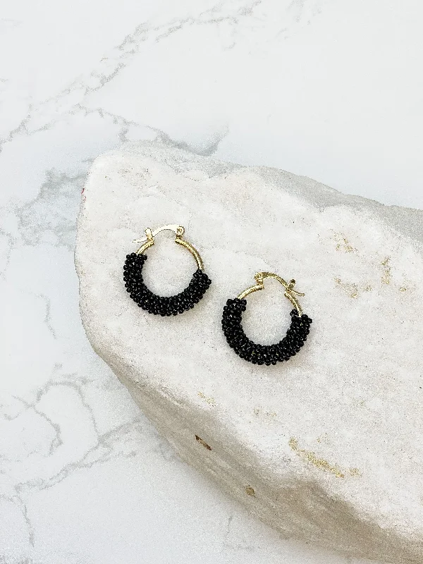 Petite Seed Bead Hoop Earrings - Black