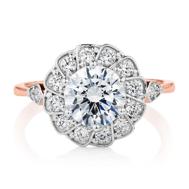 Dress ring with 2.16 carats* of diamond simulants in 10 carat rose and white gold