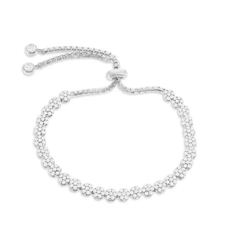 Sterling Silver Small Flower CZ Adjustable Bolo Bracelet