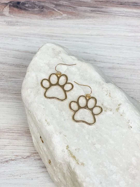 Open Paw Print Dangle Earrings - Gold