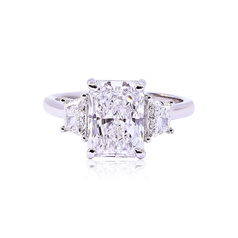 PLATINUM 3.03CT RADIANT CUT DIAMOND THREE STONE ENGAGEMENT RING