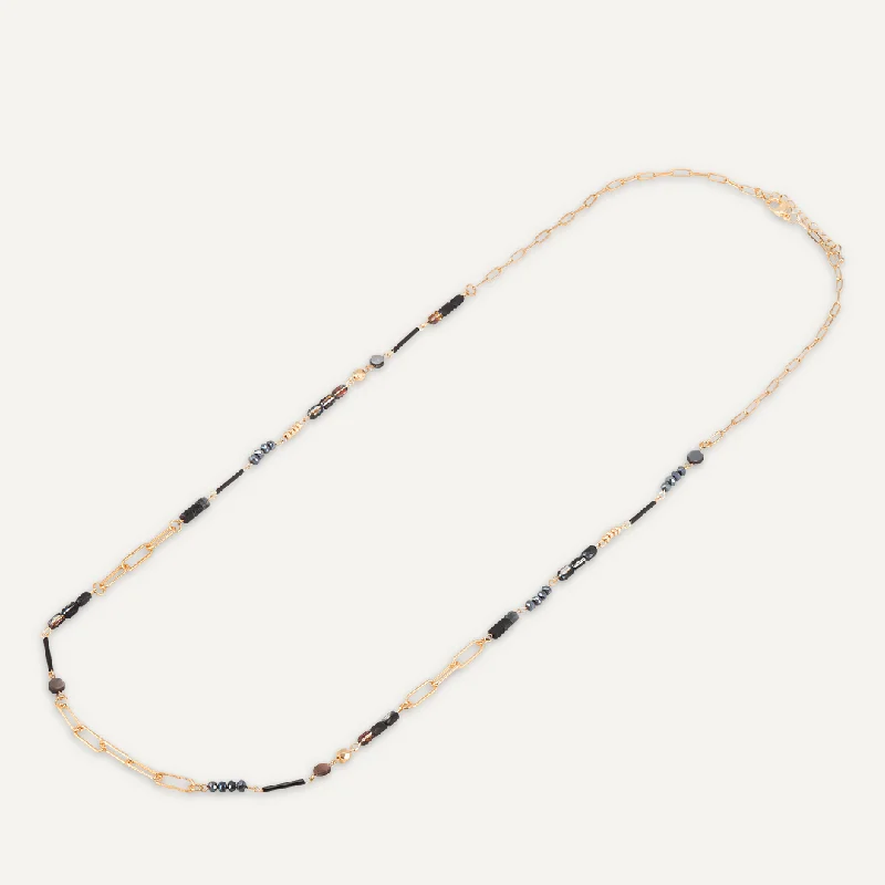 Black Semi-Precious Stone Long Necklace In Gold-Tone