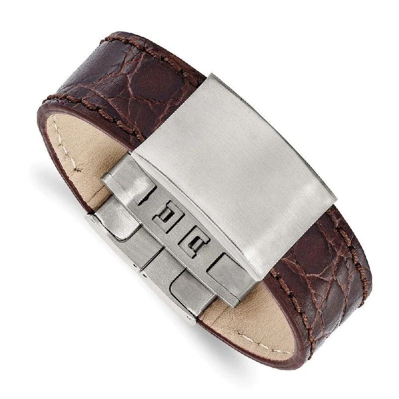 Stainless Steel Brushed Dark Brown Leather ID Bracelet