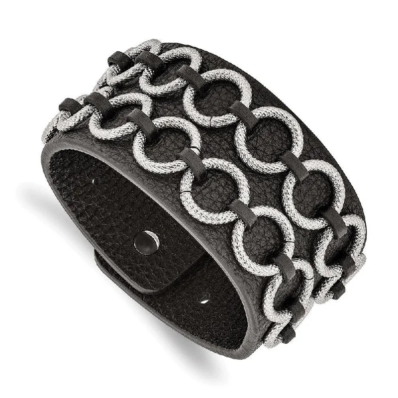 Stainless Steel Polished Textured Black Leather Bracelet