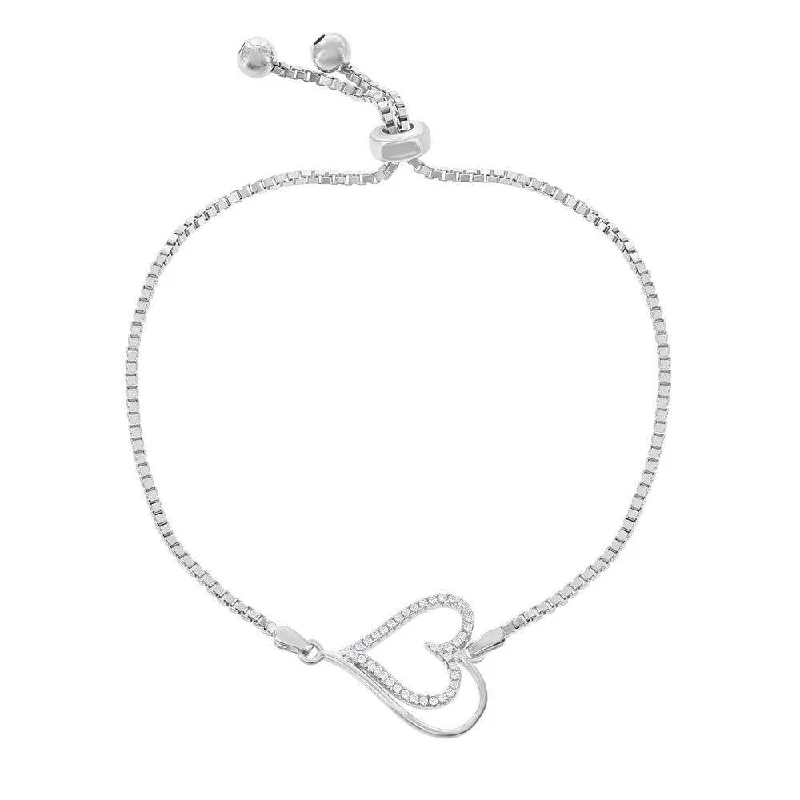 Sterling Silver Center Open CZ Heart and Beads Box Chain Bracelet