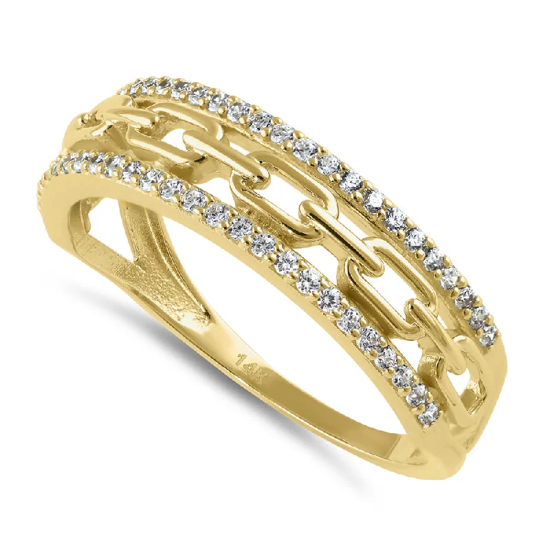 Solid 14K Gold Trendy Chain CZ Ring