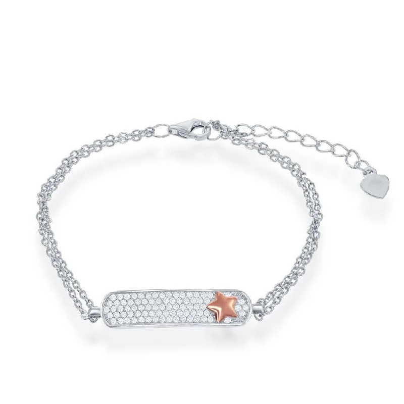 Sterling Silver Double Strand Micro Pave with RG Star ID Bracelet