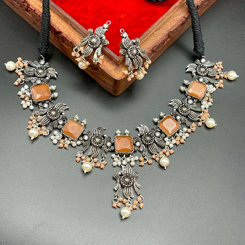 Oxidized German Silver Colored Stone Necklace Set