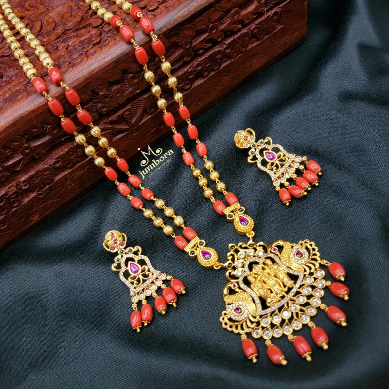 Ram Parivaar Coral & Gold beads Mala Necklace Set