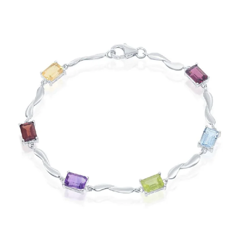 Sterling Silver Rectangular Multi Colored Gemstone Bracelet, 7"