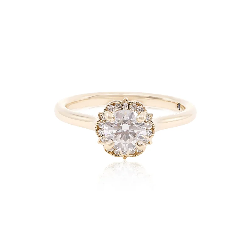 14K YELLOW GOLD SCALLOPED DIAMOND HALO ENGAGEMENT RING WITH A 0.73CT ROUND BRILLIANT DIAMOND CENTER