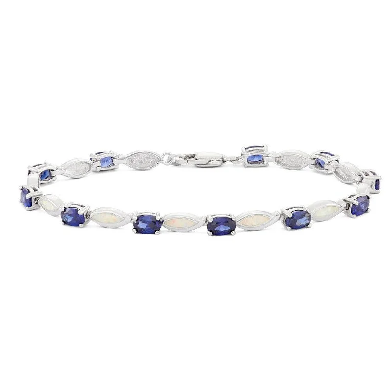 Sterling Silver Oval Tanzanite and White Inlay Opal Bracelet