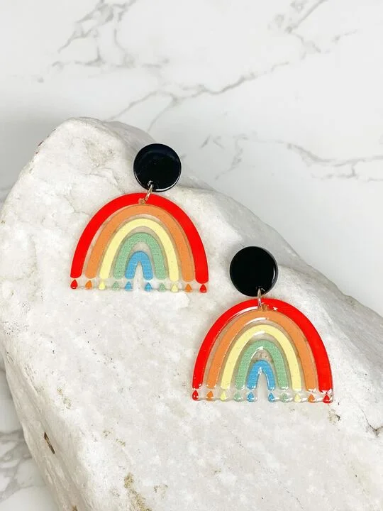 Rainbow Printed Acrylic Dangle Earrings - Multi