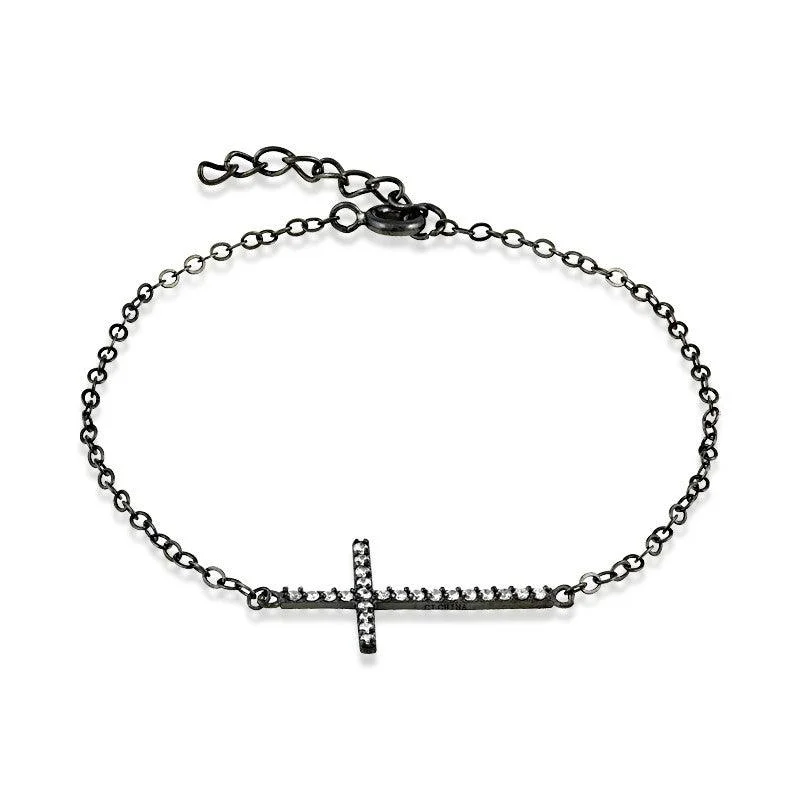 Sterling Silver Black Rhodium CZ Sideways Cross Bracelet, 7"