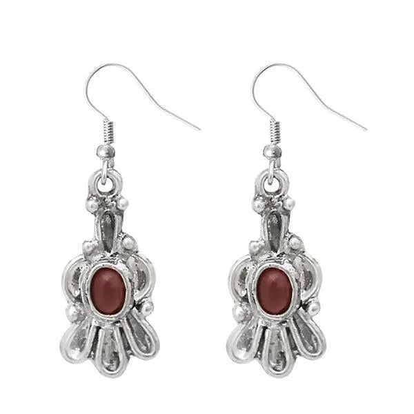 Urthn Maroon Pota Stone Silver Plated Dangler Earrings