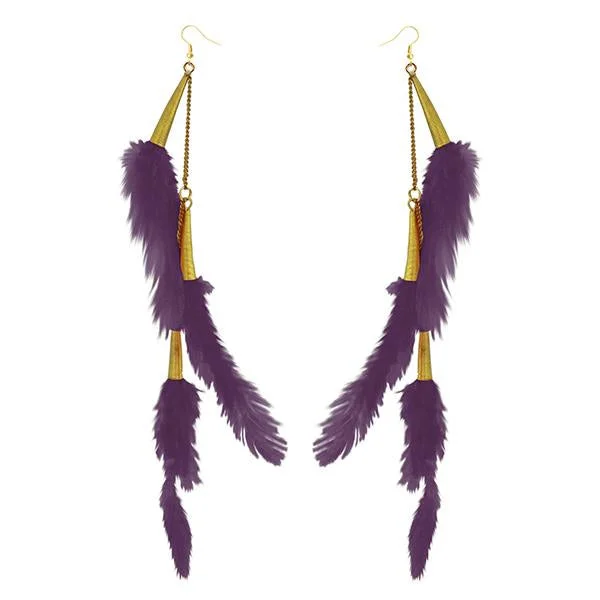 Tip Top Fashions Gold Plated Purple Feather Earrings - 1310972C