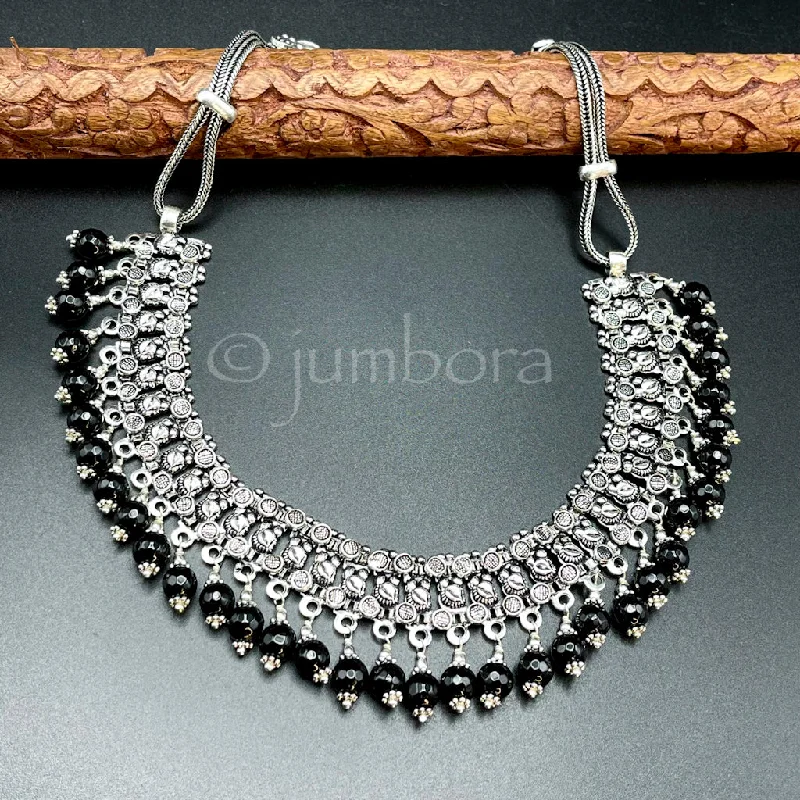 Oxidized German Silver Necklace with Black Beads