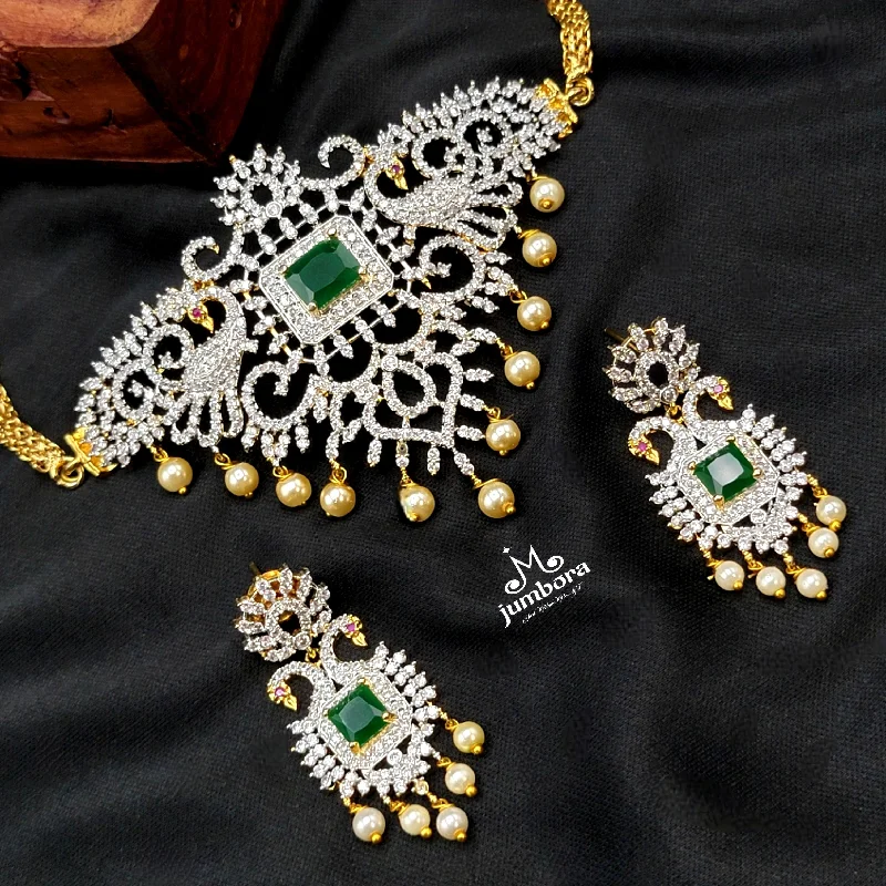 Diamond Alike White & Green  AD Zircon (CZ) Choker-style Necklace set