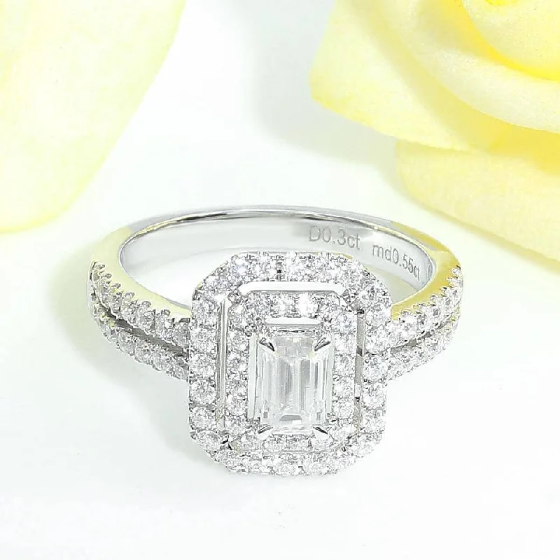 14k White Gold Emerald Cut Double Halo Diamond Engagement Ring