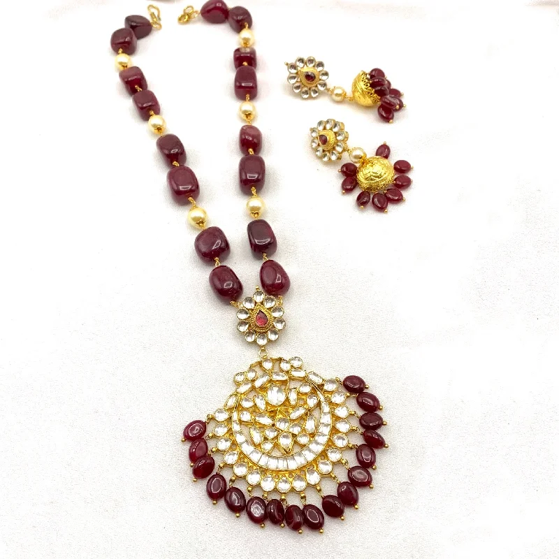 Handmade Royal Polki Kundan Necklace with Maroon red Agate Nugget Beads with Jhumka