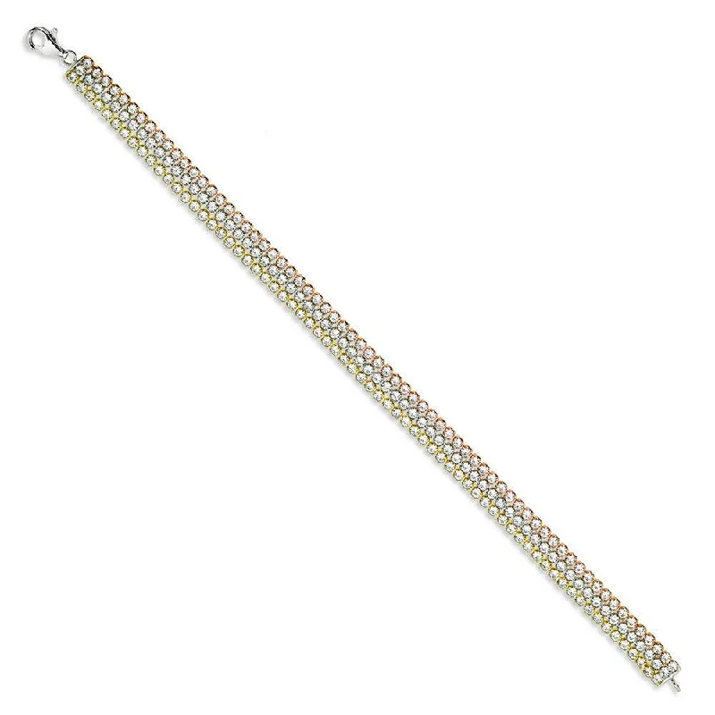 Sterling Silver Tri Color Triple Row CZ Tennis Bracelet, 7"