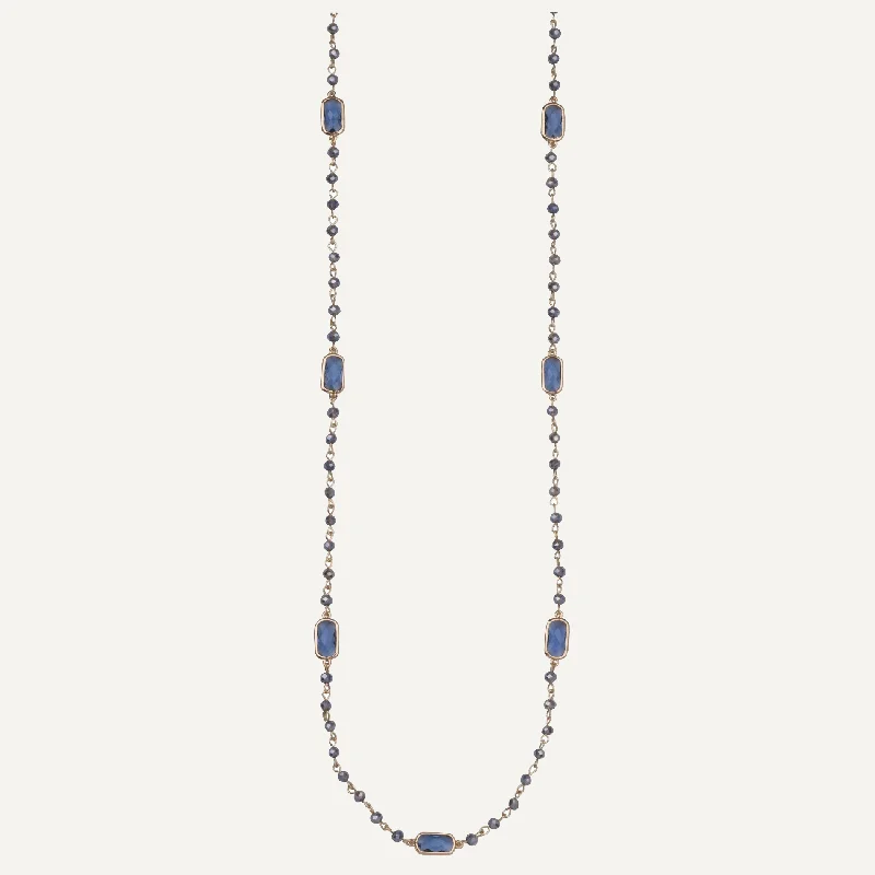 Long Blue Crystal Stone Necklace In Gold-Tone