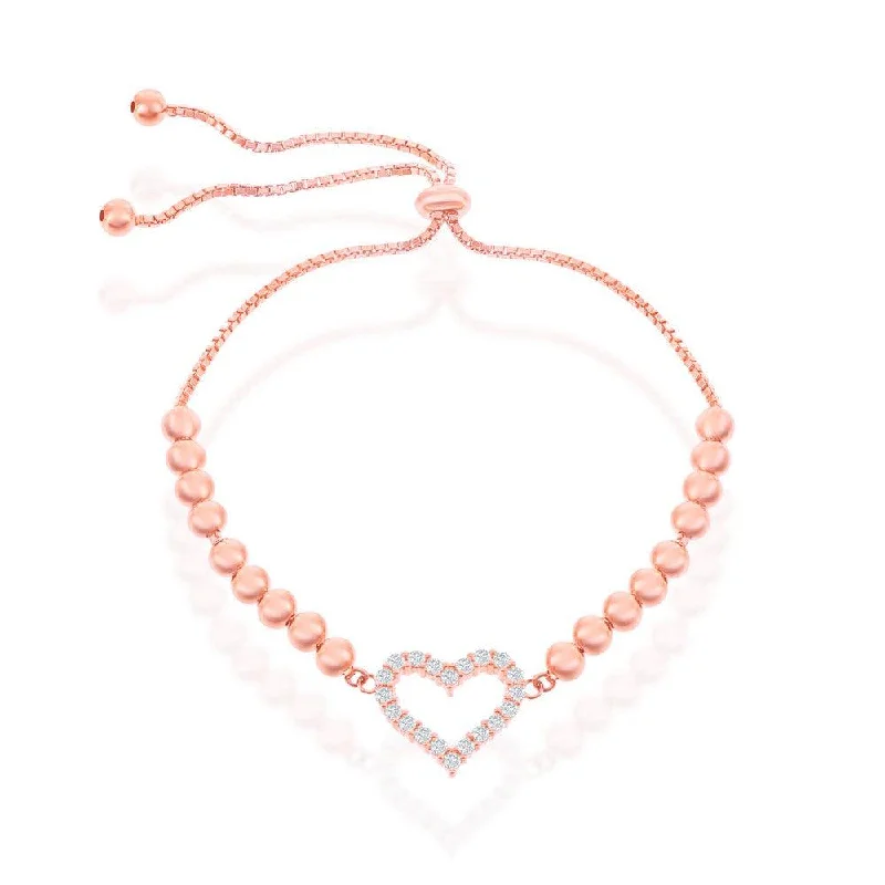 Sterling Silver CZ Heart Beaded Adjustable Bolo Bracelet - Rose Gold Plated