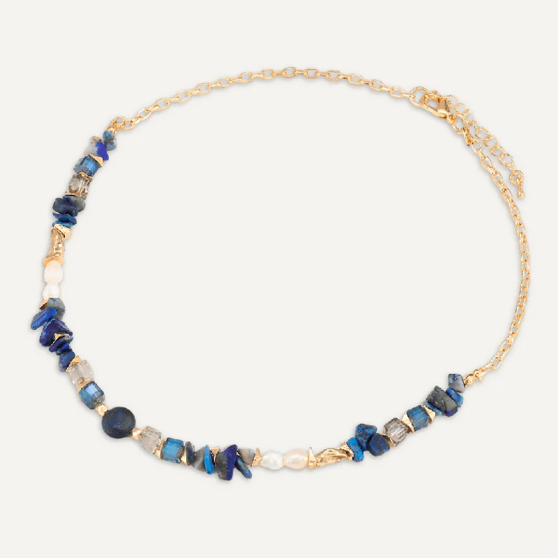 Blue Semi-Precious Stone, Crystal, & Fresh Water Pearl Short Necklace In Gold-Tone