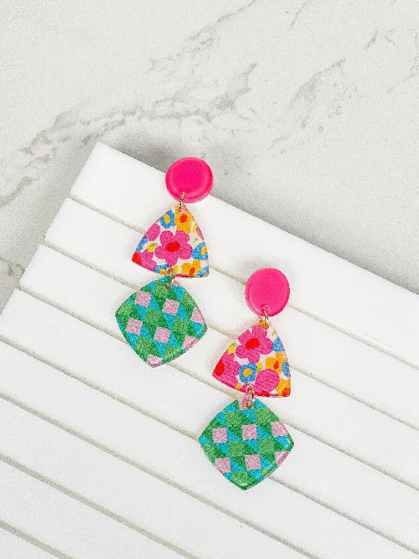 Funky Spring Geometric Dangle Earrings - Pink