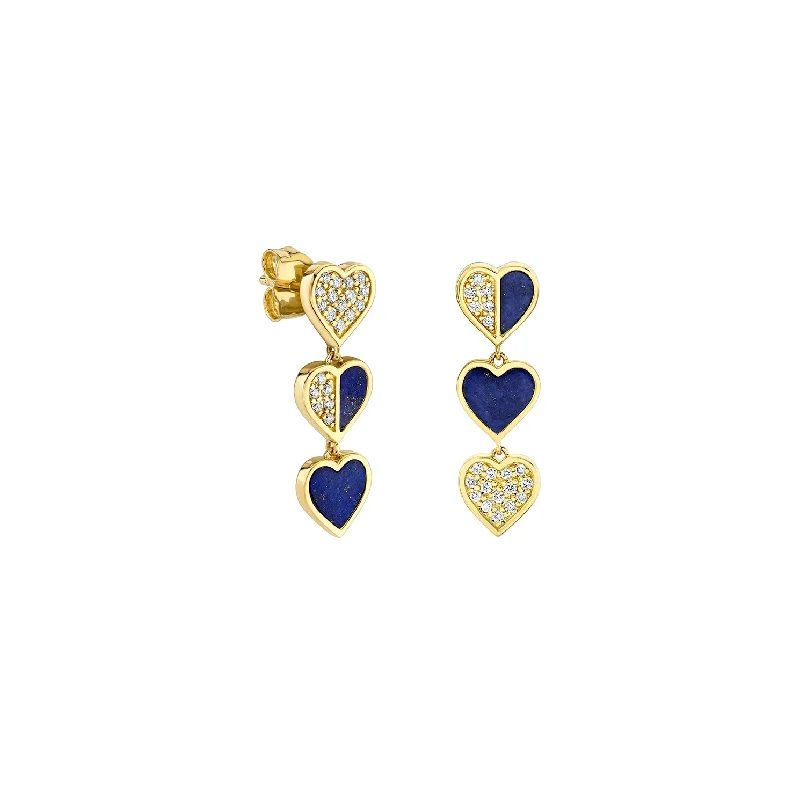 Gold, Diamond & Lapis Three Hearts Stone Inlay Linear Earring