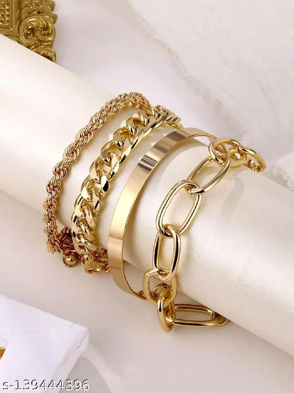 Set of 4 strand layering gold plate multi bracelet jewelry, gold layered chain bracelet, gold multi strand statement chain bracelet