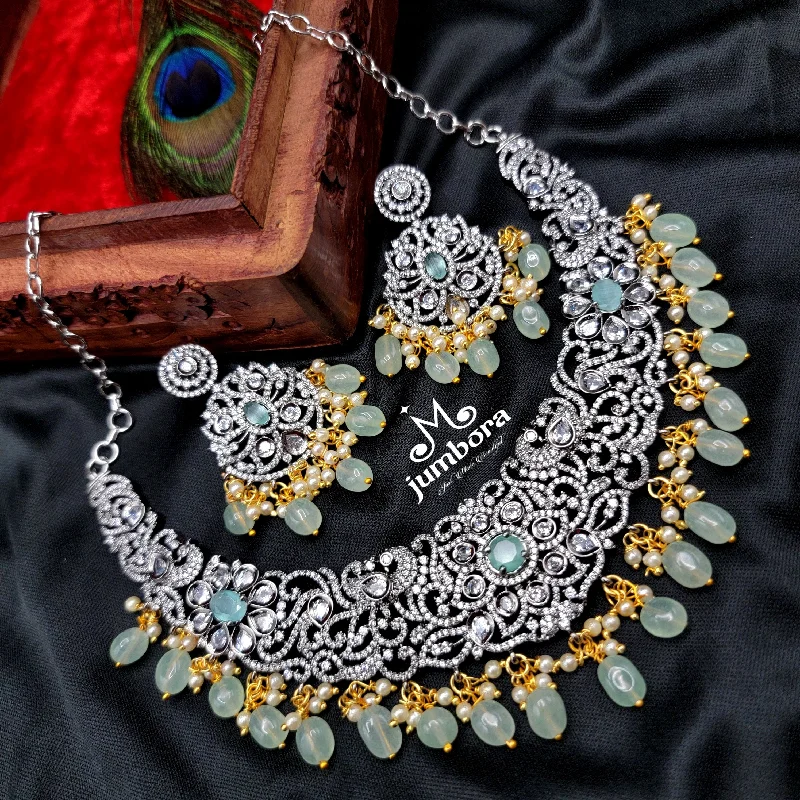 Mint Green & White AD Zircon Victorian Bridal Necklace