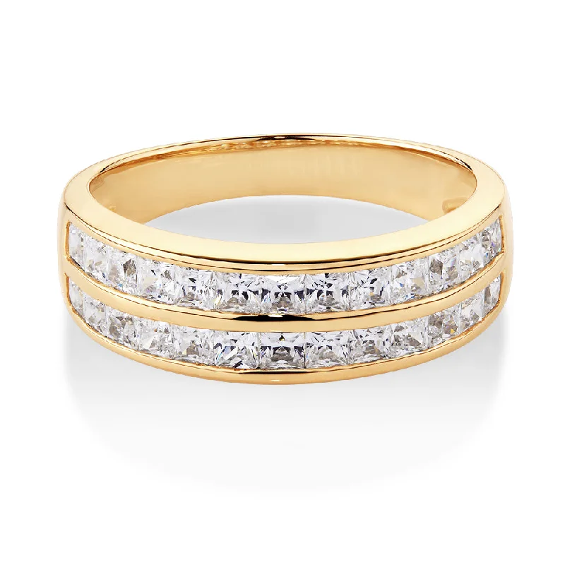 Wedding or eternity band with 1.56 carats* of diamond simulants in 10 carat yellow gold