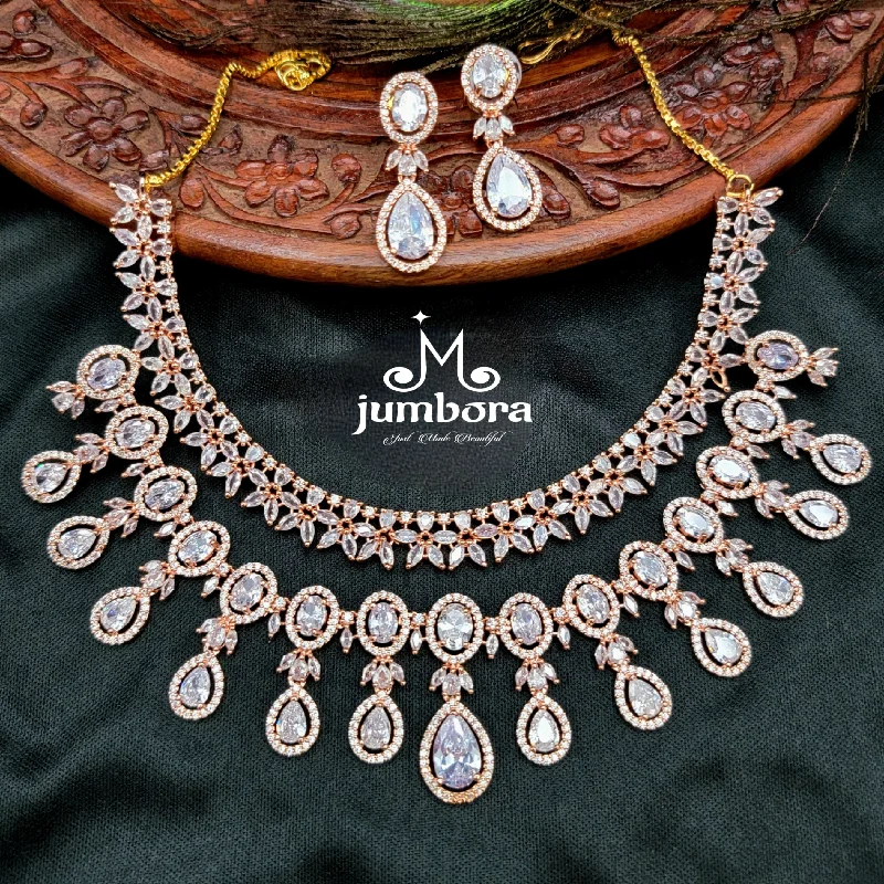 Double Row Rose Gold White AD Zircon Necklace Set