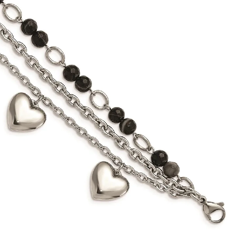 Stainless Steel Polished w/Black & White Agate with Hearts Bracelet