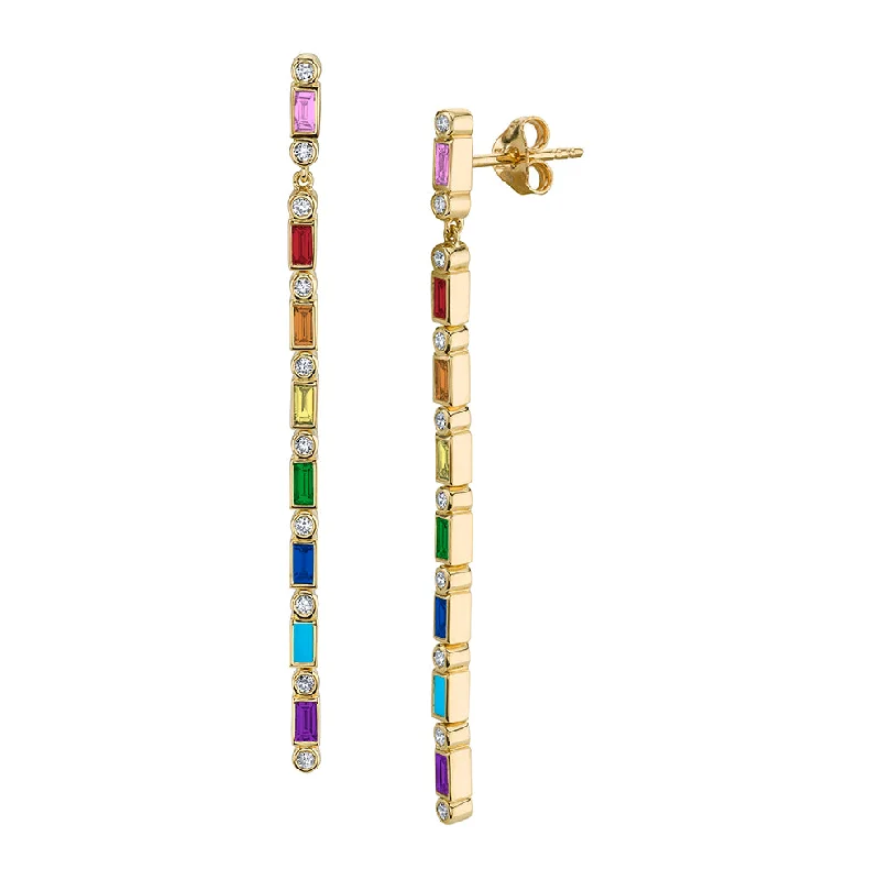 Gold & Rainbow Baguette & Bezel Drop Earrings