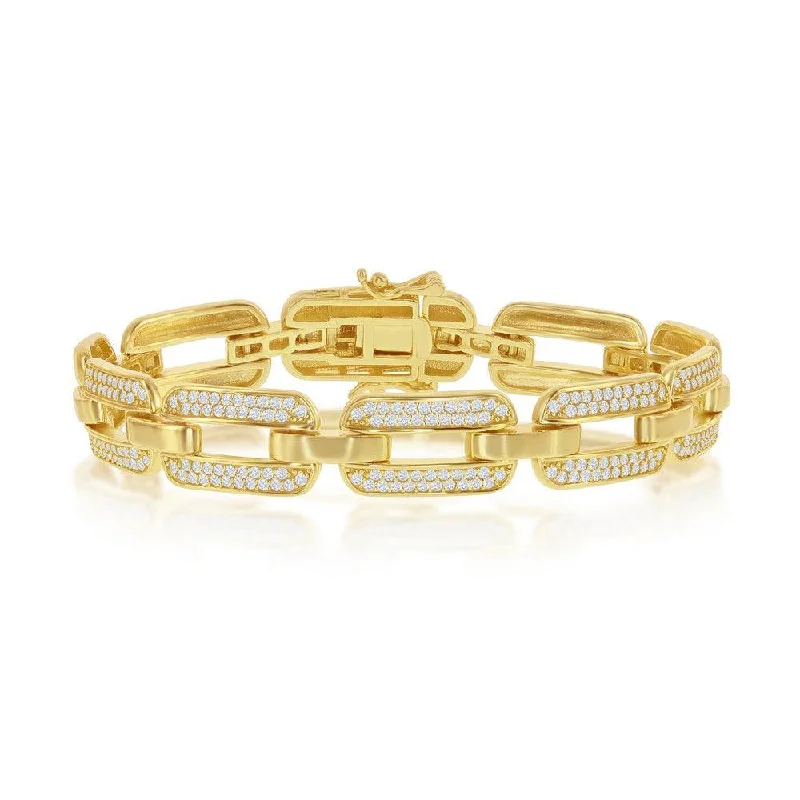 Sterling Silver Wide CZ Linked Bracelet - Gold Plated