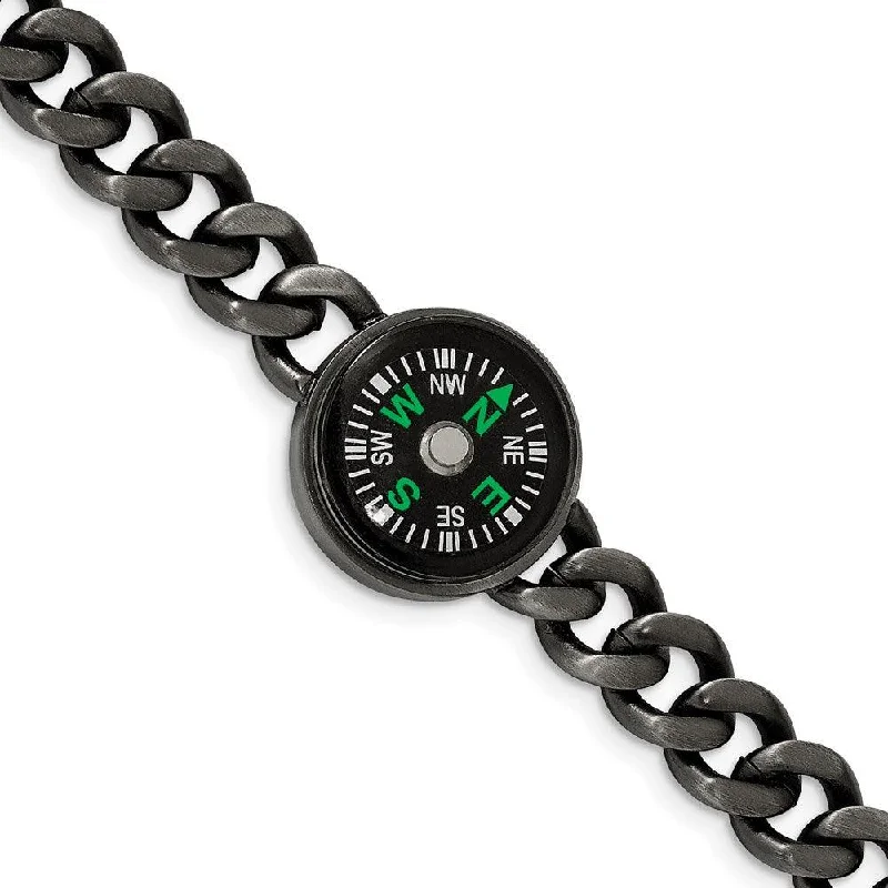 Stainless Steel Brushed Gun Metal IP-plated Compass 8.25in Bracelet