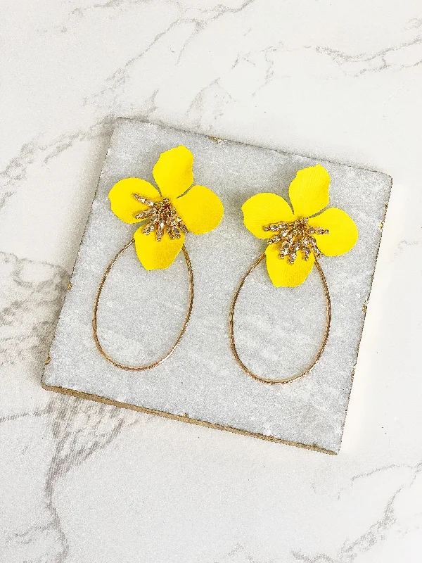 Oval Flower Statement Dangle Earrings - Yellow