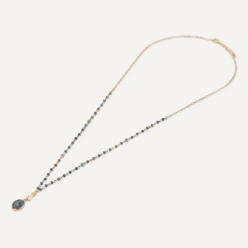 Long Blue Crystal Necklace With Semi-Precious Stone Pendant In Gold-Tone