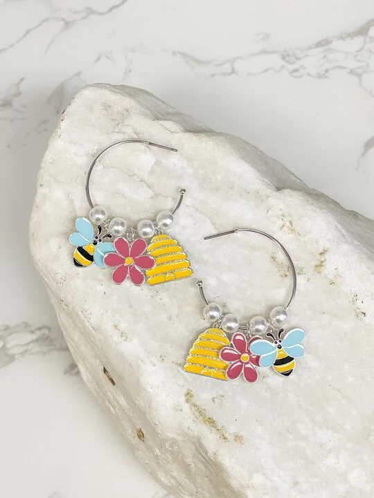 Bee Charm Pearl Hoop Earrings