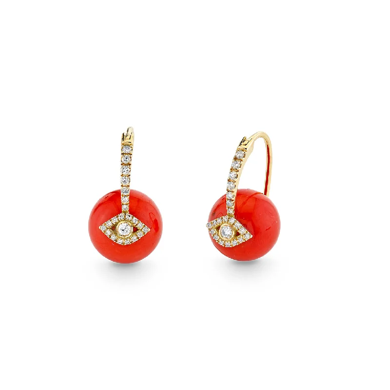 Gold & Diamond Eye Red Coral Earrings