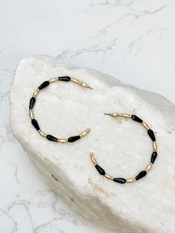 Gold Beaded Skinny Hoop Earrings - Black