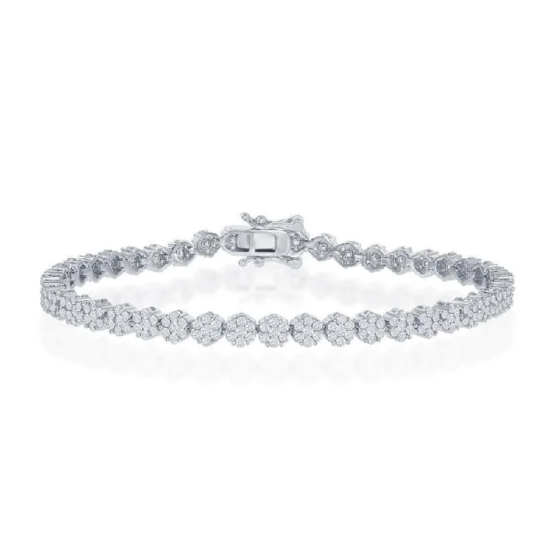 Sterling Silver Flower Design CZ 4mm Tennis Bracelet, 7.5"