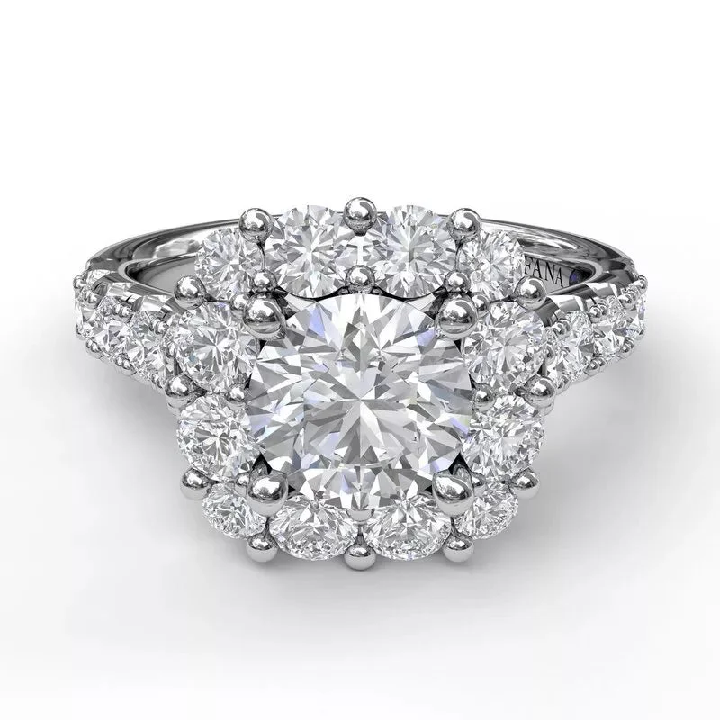 14K White Gold Shared Prong Cushion Halo Engagement Ring (Setting Only)