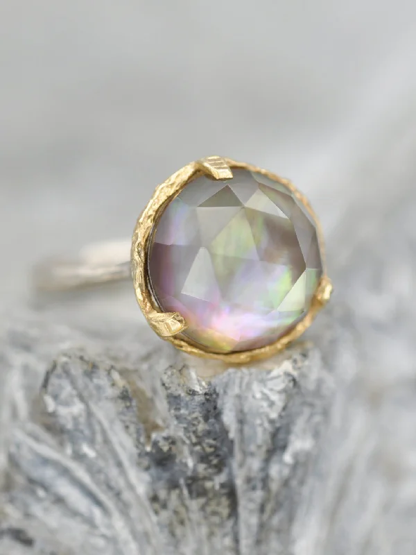 14K Mystic Orb Mother of Pearl + Quartz Ring