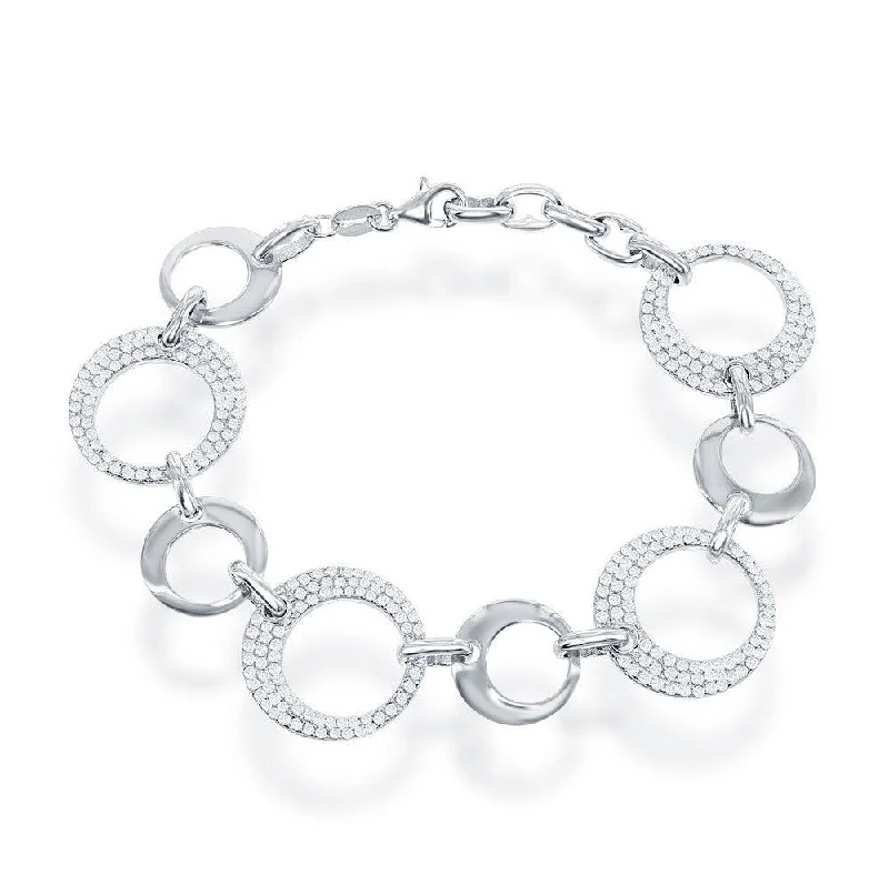 Sterling Silver Alternating Shiny and CZ Open Circle Bracelet