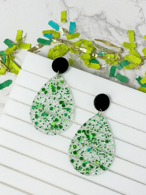 Green Confetti Teardrop Dangle Earrings