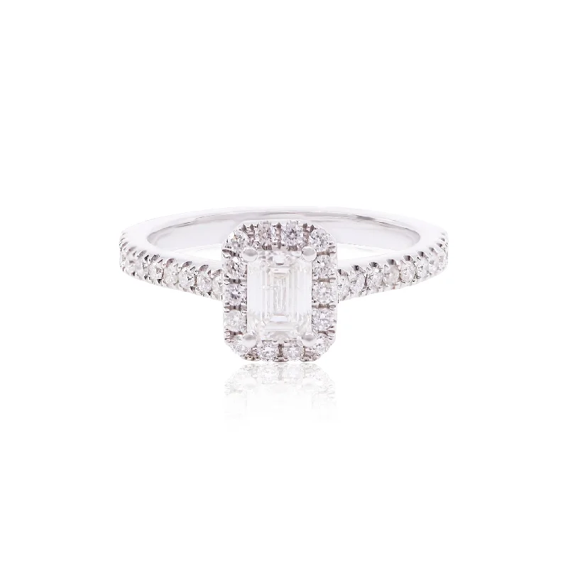 14K WHITE GOLD 0.53CT EMERALD-CUT DIAMOND HALO ENGAGEMENT RING WITH DIAMOND ACCENTS 0.32CTW